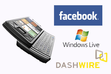 Facebook, Windows Live and Dashwire logos