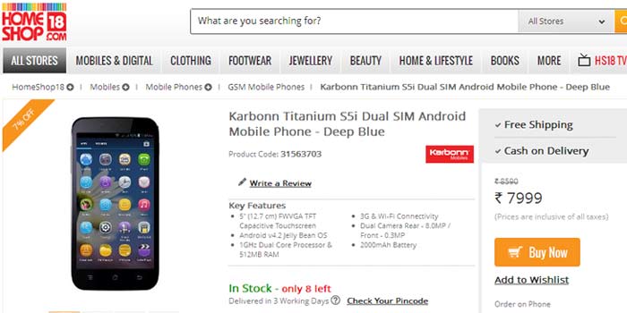 Karbonn Titanium S5i Product Page