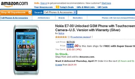 Nokia E7 Amazon page